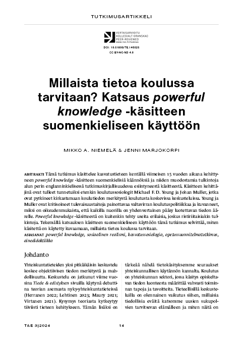 Millaista tietoa koulussa tarvitaan? Katsaus powerful knowledge -käsitteen suomenkieliseen käyttöön