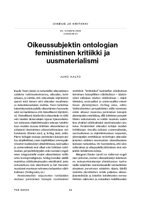 Oikeussubjektin ontologian feministinen kritiikki ja uusmaterialismi