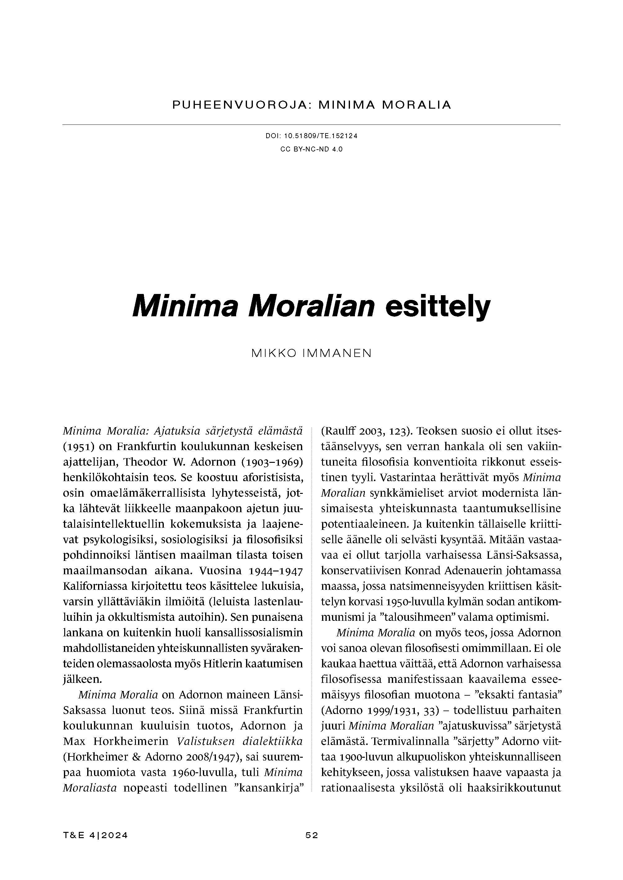 Minima Moralian esittely